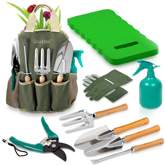Scuddles Premium Gardening Kit for Women – 10 Stainless Steel Tools with Ergonomic Handles, Tote Bag, Kneeling Pad, Shears, Gloves, Rake, Trowel & Shovel – Garden Set for Planting, Pruning & Gifts