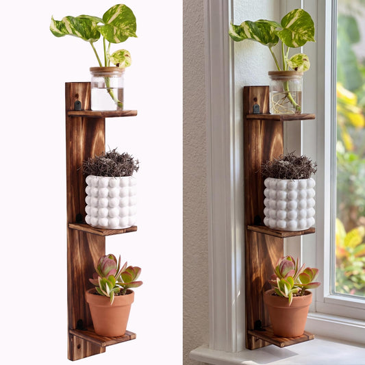 Pinkunn 3 Tier Wood Window Sill Plant Shelf Retro Indoor Wood Plant Stand Wall Mount Decorative Hanging Vertical Garden Display for Small Space Kitchen Living Room Bedroom Home