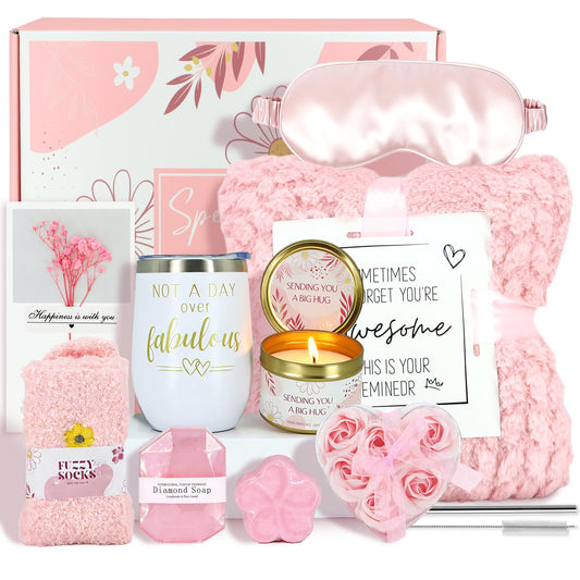 Birthday Gifts for Women, Self Care Get Well Soon Gifts Basket for Women, Flower Relaxing Spa Gift Basket Bath Set,Unique Luxury Self Care Box Gift for Mom Her Wife Sister Girlfriend, Girl Friend Pink