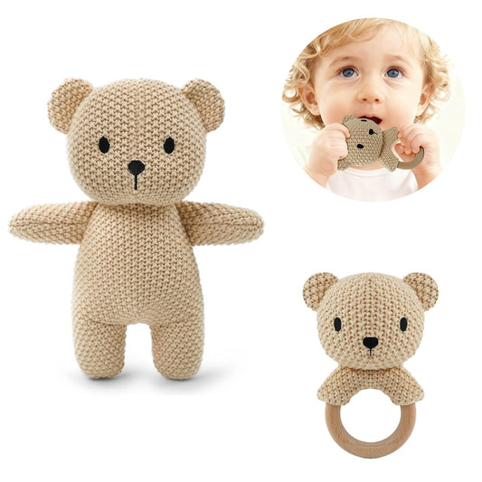 10" Crochet Bear Stuffed Animal with Rattle, Pure Cotton Soft Crochet Doll Plush Toy for Newborn, Handmade Baby Shower Gift & First Birthday Gift