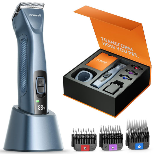 oneisall Professional Cordless Clippers for Groomers, Heavy-Duty Dog Clippers for Thick Coats Doodles, 2-Speed Upgrade Motor, Detachable Batteries, Carbon Steel Blade（Blue）