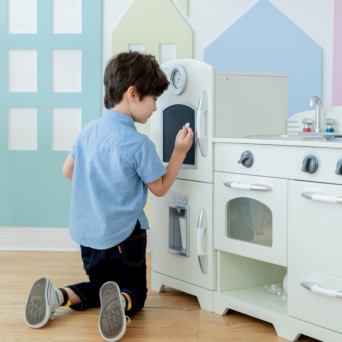 Teamson Kids Little Chef Fairfield Retro Modular Interactive Wooden Play Kitchen with Refrigerator, Sink, Stove, and Storage Space for Easy Clean Up, Off-White with Chrome Accents