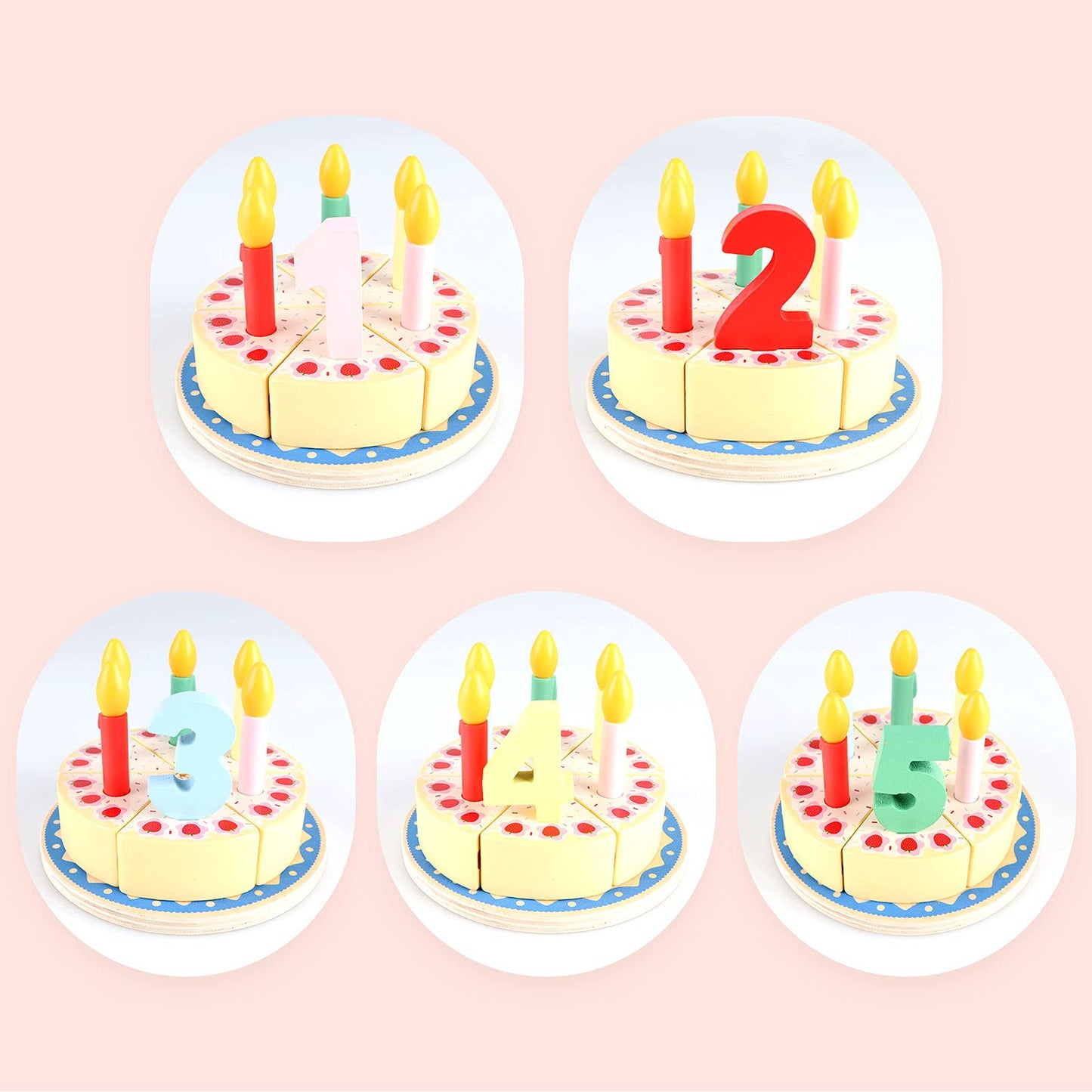 Steventoys Wooden Cutting Cake Play Set, Fake Cake with Candles and Numbers, Pretend Play Food Set, Montessori Tea Party Toys Learning Kitchen Toys for Boys Girls 1-6 Years