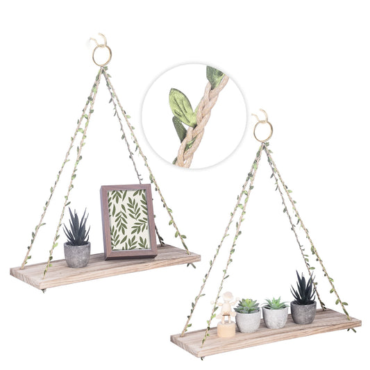 MITIME Hanging Shelves for Indoor Wall and Window - Floating Wall Shelves for Plant Display, Boho Style Home Decor.(Leaf Rope, Light Color,Large*2)