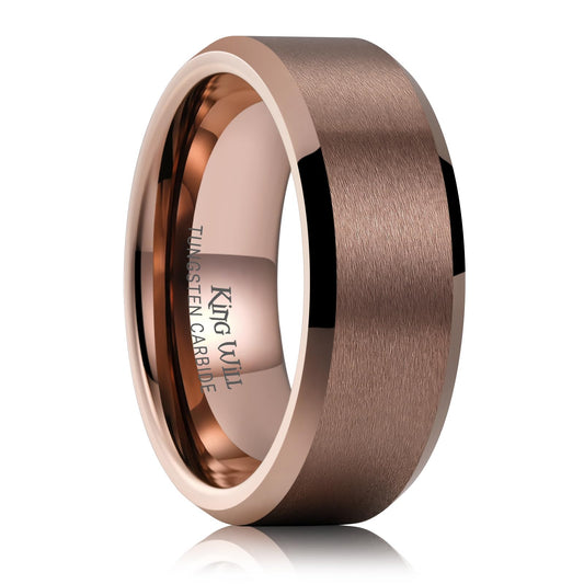 King Will Brown Basic Tungsten Rings For Men 8mm Wedding Band Polished Edge Brushed Matte Promise Ring Comfort Fit, Size 7