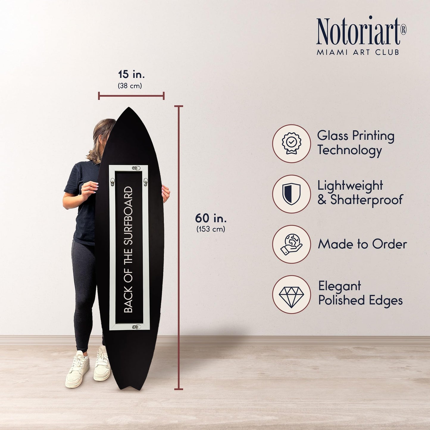 Notoriart Monstera Blue Surfboard Acrylic Wall Art Die-Cut Coastal Modern High-Gloss Home Decor, 15" x 60"