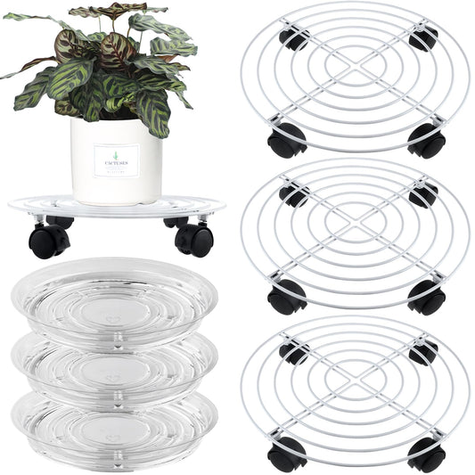 Planterhoma 3 Packs Large Metal Plant Caddy 13.8 Inches Plant Dolly with Wheels Heavy Duty Iron Rolling Plant Stand with Casters for Indoor and Outdoor Plant Pot Rollers White, 3-pack Plant Saucers