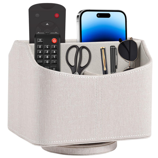 RHCSZ Leather Remote Control Holder 360 Degree Spinning,Desk Rotating Organizer/Caddy for TV Remote Controllers,Pen,Calculator Media Player,DVD,Office Supplies,Mobile Phone Storage Box (Beige)