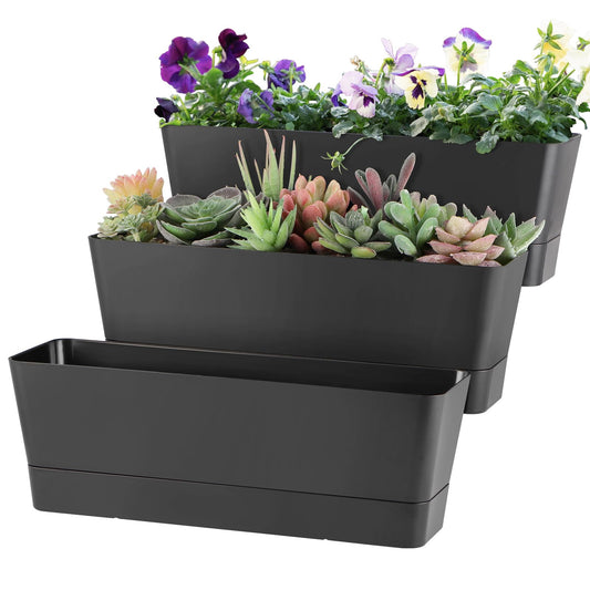 Sanbege Window Box Planter with Tray, 12" Rectangle Plant Pot, Pack of 3 (Black)