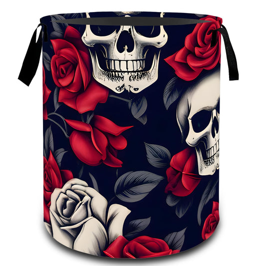VODRM Skull and Rose Gothic Laundry Basket, Dirty Collapsible Clothes Toy Organizer Hamper for Kids Adults, Oxford Cloth Waterproof Storage Bin for Bedroom Bathroom Halloween Decor Gifts, 19.7"X15.7"