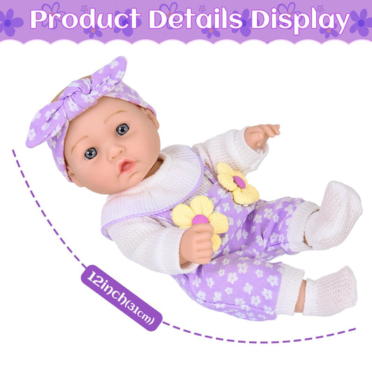 12" Flower Pattern Baby Doll With Backpack Carrier Can Store Clothes and Accessories,12 Inch Baby Dolls Set In Gift Box With Hanky Pacifier Bottle Pretend Baby Care Toy For Girl Child Toddler 3+ Gifts