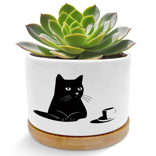 EVIHCG Black Cat Coffee Planter Pots, Cat Lover Mom Lady Owner Gifts, Funny Black Kitty Kitten Ceramic Succulent Plant Flower Planters for Home Office Desk Table Shelf(No Plants)