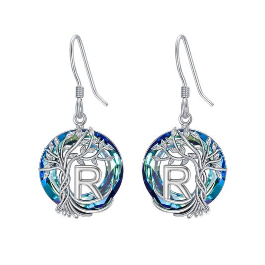 TOUPOP Tree of Life Initial Earrings Sterling Silver Initial R Letter Drop Dangle Earrings Blue Circle Crystal Family Tree Jewelry Birthday Mothers Day Gifts for Women Mom Her