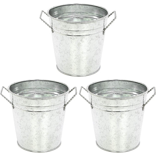 Hosley 3 Pack of Galvanized Planters 5" Dia x 4.5" H Durable Metal Plant Pots for Floral Arrangements Indoor and Outdoor Gardening with Vintage-Inspired Charm Rustic