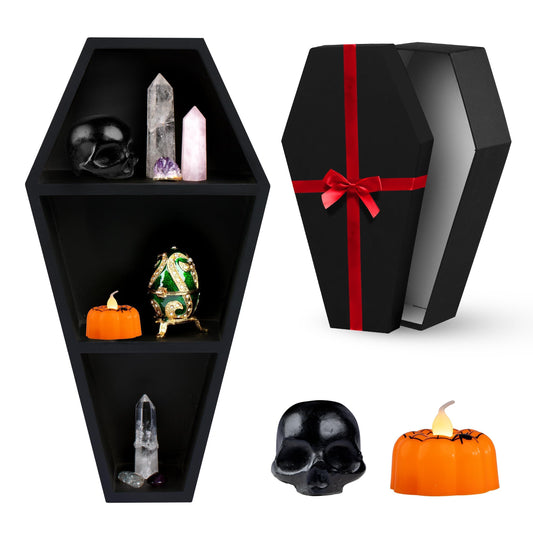 MANNY'S MYSTERIOUS ODDITIES Coffin Shelf and Coffin Gift Box with Spooky Accessories Set - Small Cute Goth Halloween Box 14 by 7 Inches - Black