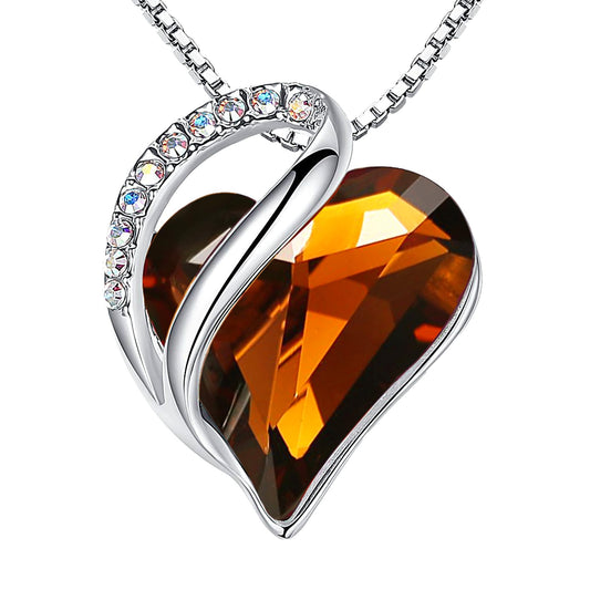 Leafael Gift Necklaces for Women, Infinity Love Heart Pendant, Dark Topaz Brown Healing Crystal for Stress Relief, Birthday Jewelry for Her, Mom, Wife, Silver Plated, 18" + 2" Chain