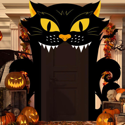 Halloween Black Cat Door Banner Horror Halloween Hanging Decoration Scary Black Cat Door Banners Background for Party Haunted House Eve Party Photo Booth Props Favor Supplies