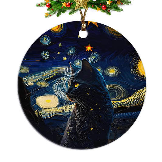 ignytiger Black Cat Christmas Ornaments,Christmas Cat Gifts for Cats Mom Women,Starry Night Ceramic Hanging Ornaments