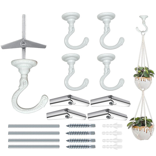 Evsteluo 4 Sets Heavy-Duty Ceiling Hooks with Complete Kit – Fit Wood, Cement & Drywall Ceilings for Hanging Plants (White)