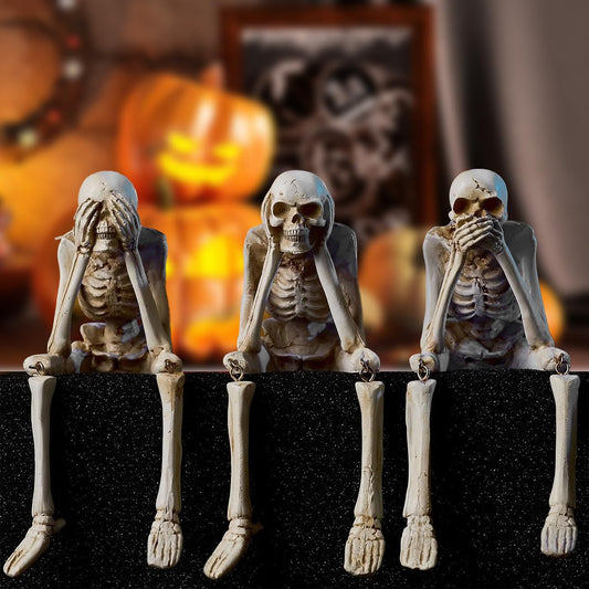 Modfied Halloween Skeleton Statues, Sets of 3 See Speak Hear No Evil Realistic Skull Decorations, Resin Horror Collectible Figures for Home Party Decoration