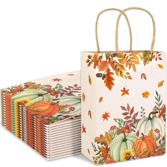 JarThenaAMCS 24Pcs Fall Kraft Paper Gift Bags Pumpkin Maple Leaves Treat Bags with Handles Grocery Shopping Bags Candy Goodie Bags for Autumn Thanksgiving Baby Shower Birthday Party Favors Supplies