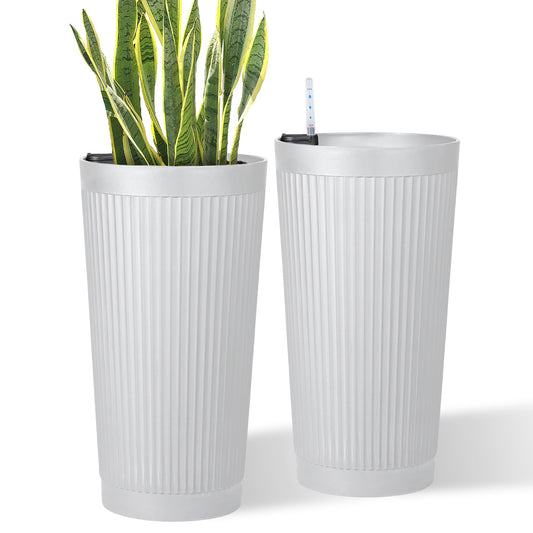 PolarcoForgeco 24in Tall Self-Watering Planters Set of 2 - White Flower Pots with Water Level Monitor, Non-Toxic Plastic Planters for Indoor Outdoor Patio, Porch, Living Room, Home Office