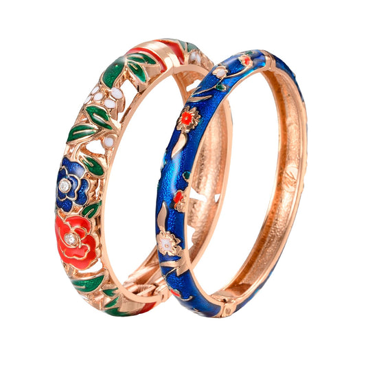 UJOY Handmade Enamel Bracelets Hollowed Filigree Golden Open Spring Hinge Cuff Crystals Bangles Jewelry for Women 88A10-55B31 red Blue
