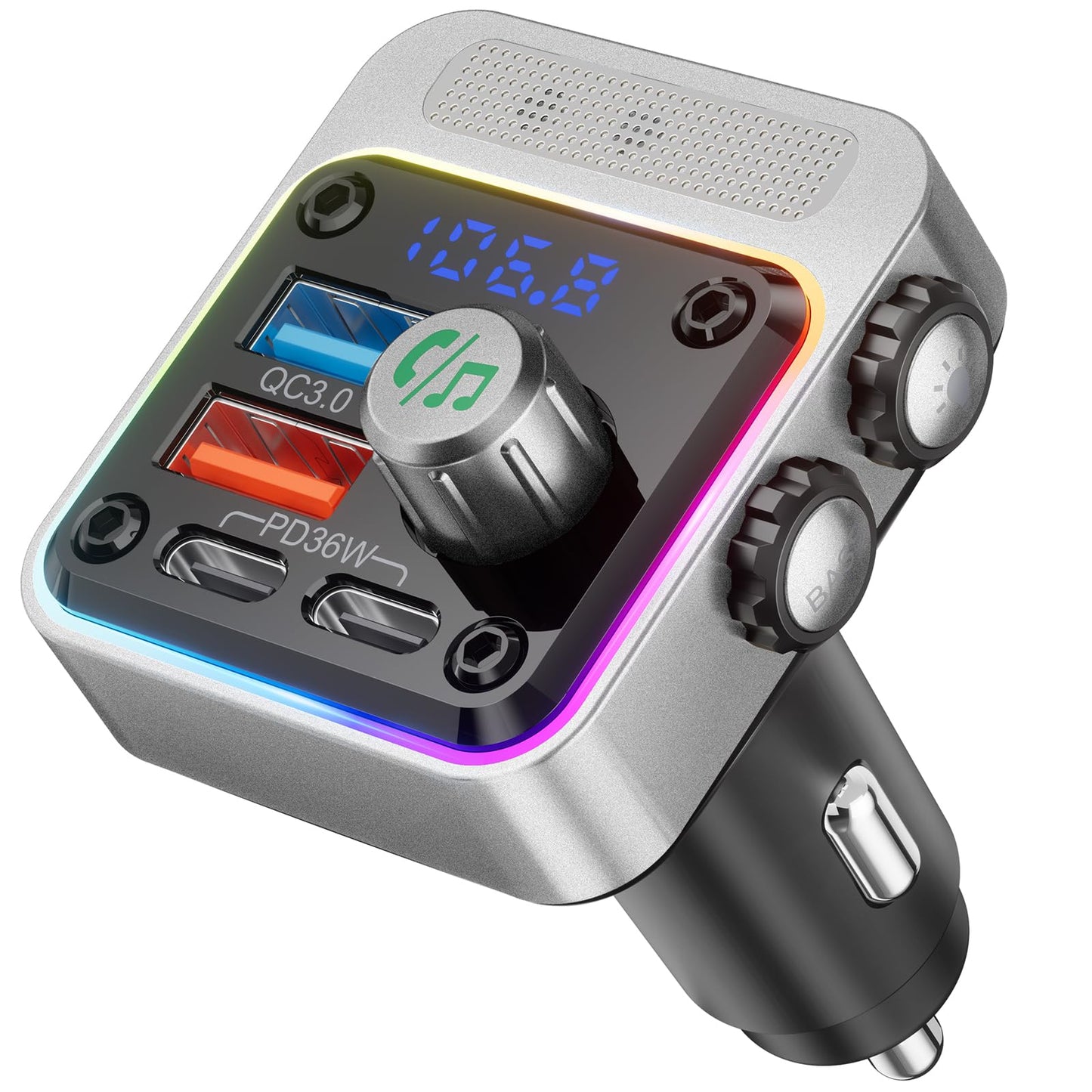 Nulaxy 54W Bluetooth 5.3 Car Adapter with 4 Charging Ports [PD 36W & QC3.0 18W], Wireless Radio FM Transmitter with Deep Bass Player & 5 Colors LED Backlit, Hands-Free Calling, Black