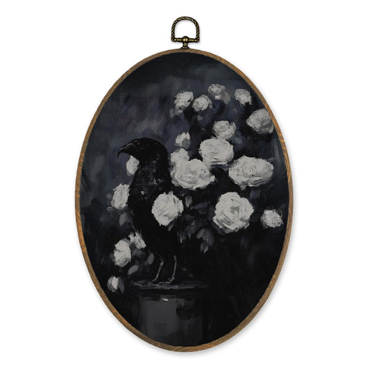 LKETW Dark Gothic Black Raven Oval Wall Art Decor, Dark Academia Black Crow Rose Floral Oval Canvas Hanging Decor, Gothic Goth Wall Decorations for Home Bedroom Living Room, 8.6x11.4 Inch