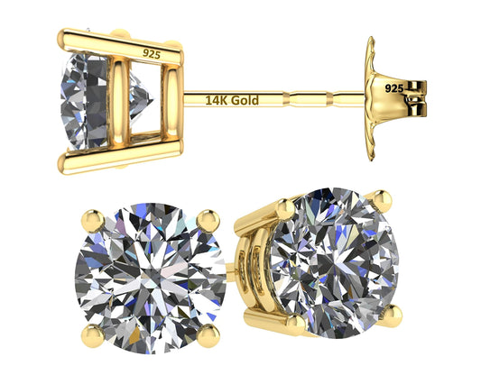 Central Diamond Center 14K Solid Gold Post & Sterling Silver Made with Swarovski 4 Prong CZ Stud Earrings - Yellow Gold Plated - 6.50mm - 2.00cttw