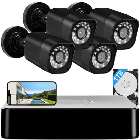 1080P Wired Security Camera System, AIWIXEN 8CH CCTV Surveillance DVR with 1TB Hard Drive, 4 x Home 5MP Wired Security Cameras Outdoor with Human Vehicle Detection, IP68 Waterproof, Remote Access