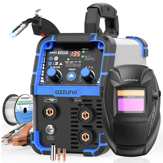 AZZUNO MIG Welder 135A 110V, 3 in 1 Flux Core Gasless MIG Welder/Lift TIG/Stick Welding Machine, Portable Wire Feed Welder Machine with Auto Darkening Welding Helmet