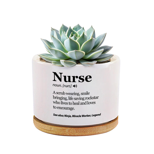 Nurse Definition Nurse Gift Appreciation Nurses Week Nursing Student Practitioner RN Graduation Gifts Ceramic Succulent Plant Pot with Bamboo Tray Round Home Office Decor 3.5 Inch White (No Plants)