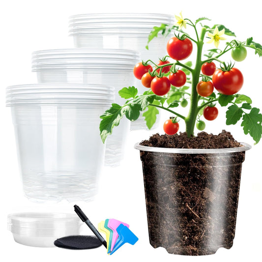 GLNHUR Transparent Plant Pot with Drainage Holes, Flower/Seed Starter Pots,Clear Plastic Nursery Pots for Plants with Plant Labels+Saucers+Mesh Pads+Marker (6 inch * 15)