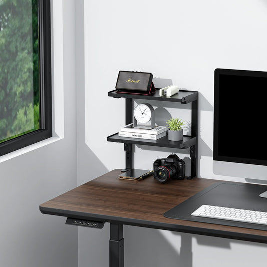 Spacrea clamp on Desk Shelf, 2 Tier Office Desk Shelves Organizer, Wood Desktop Supplies Storage Rack, Desk Organizers and Accessories (Black)