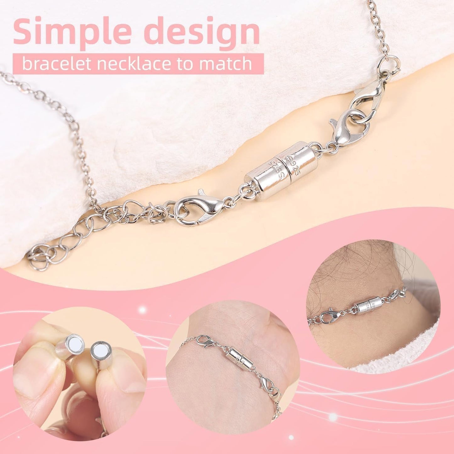 Magnetic Jewelry Clasps, 925 Sterling Silver, Strong Magnetic Closures for Necklaces and Bracelets (3pcs Silvery)