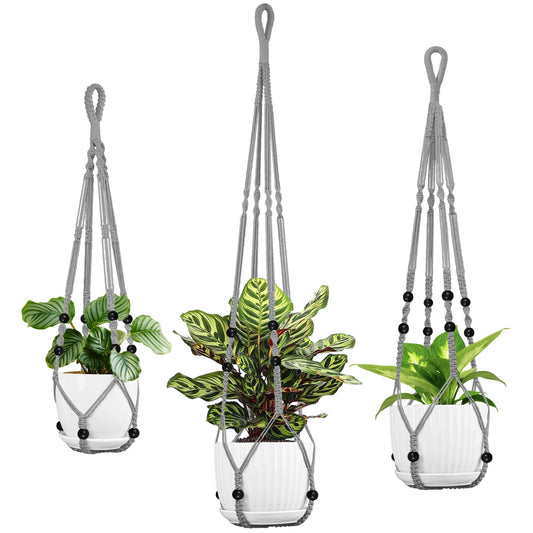 IDEEEPAN Macrame Plant Hanger - Fits 4 to 15 inches Pots for Indoor Outdoor, 43"/35"/29" Different Sizes Set, Gray (POTS NOT Included)
