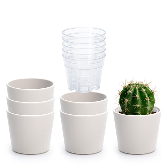 Phoenix Vine 3.5 Inch Oatmeal Plastic Cachepot with Clear Nursery Pot, Decorative Lightweight Planter Cover with Transparent Inner Pot for Indoor Houseplants, Pack of 6, 24-A-G-6