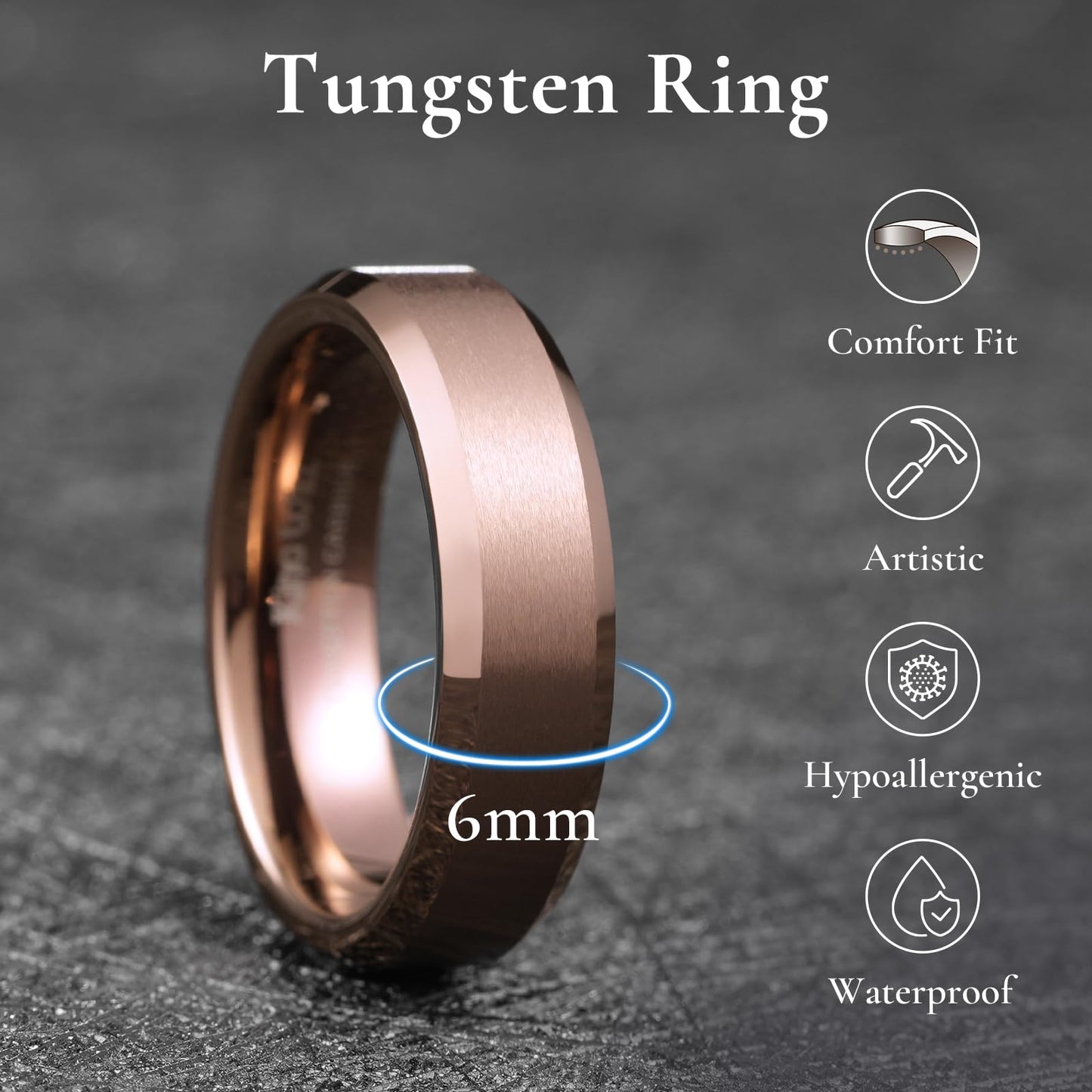 King Will Brown Basic Tungsten Rings For Men 6mm Wedding Band Polished Edge Brushed Matte Promise Ring Comfort Fit, Size 11