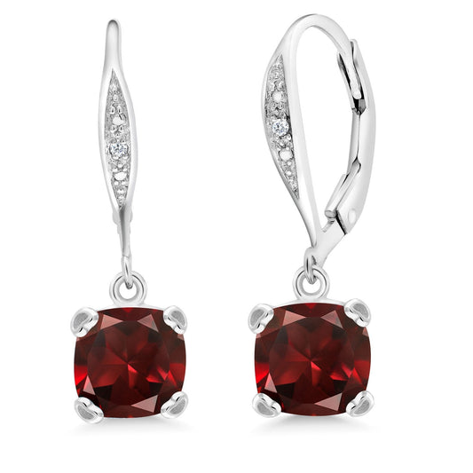 Gem Stone King Drop Dangle Earrings For Women | 7MM Cushion Cut Gemstone Birthstone and Diamond | 925 Sterling Silver | Jewelry Gift for Mom Wife Her | Garnet-January | Sterling Silver
