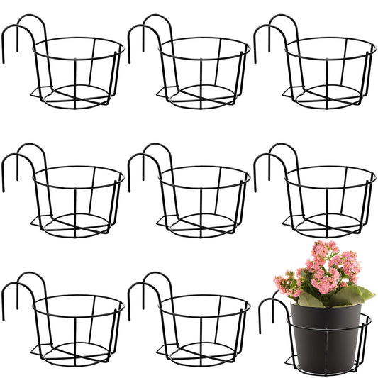 Wesiti 10 Pcs Round Hanging Railing Planters Outdoor Balcony Planters Metal Hanging Baskets Flower Pot Holder for Fence Indoor Porch Shelf Container(5.3 Inch,Black)