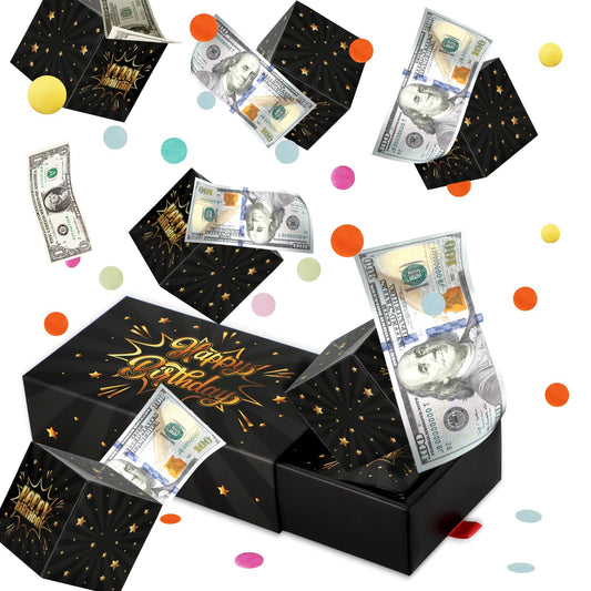 WenmthG Happy Birthday Surprise Gift Box Explosion for Money - DIY Pop Out Folding Bounce Explosion Gift Box with Confetti - Birthday Money Bank - Cash Gift Idea for Women Men Kids (Black Gold)