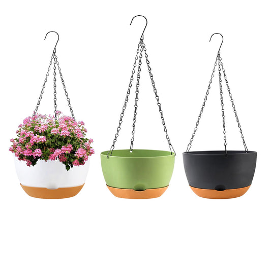 KPUVX 10 inch Hanging Planters for Indoor Outdoor Plants with Self-Watering Pots, 3 Pack Plastic Hanging Basket with Removable Tray for Home Garden Porch Balcony Patio Decor(White+Black+Green)