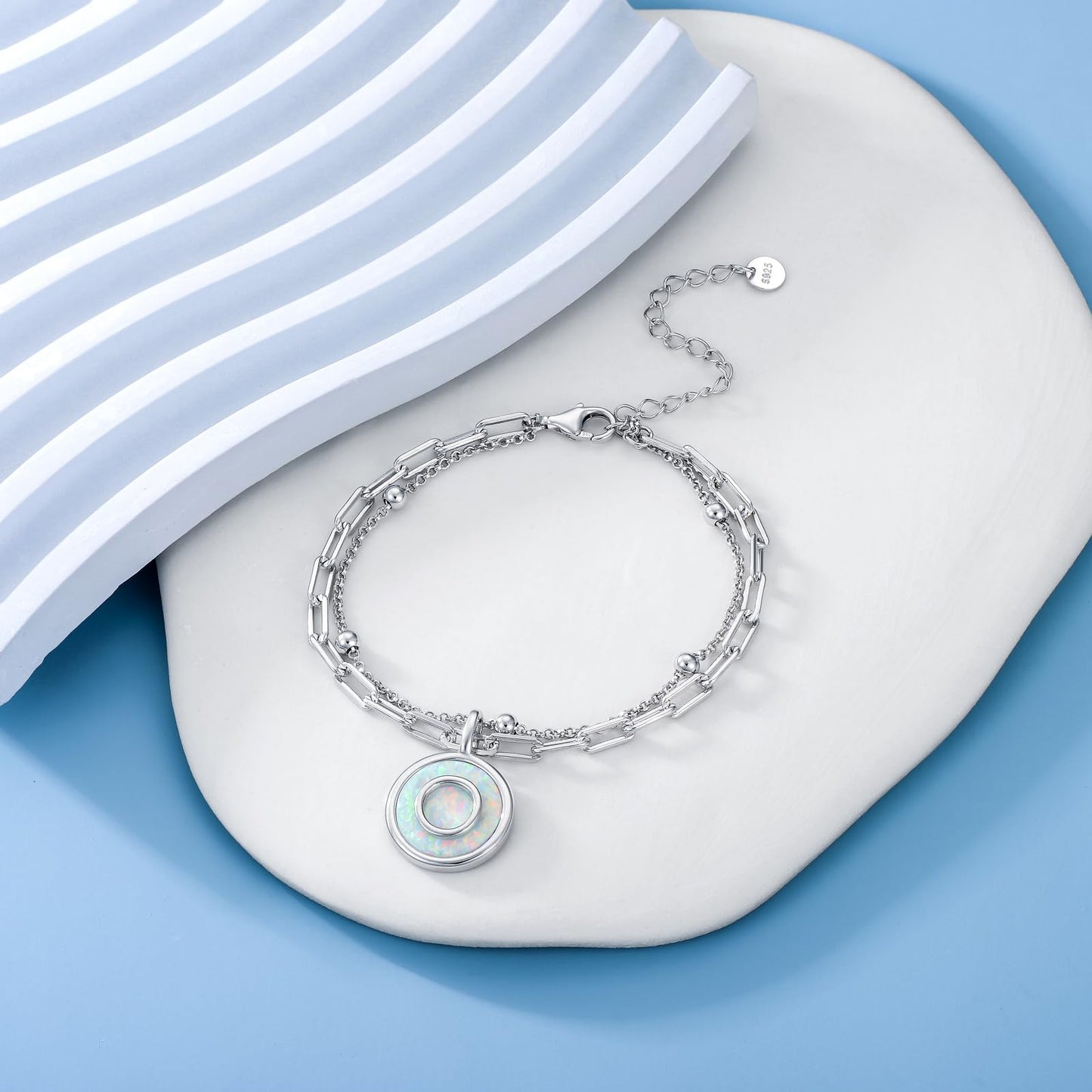 LWQQWL Initial O Bracelet for Women 925 Sterling Silver Layered Initial Bracelet Opal Letter 26 Alphabet Jewelry Christmas Gifts