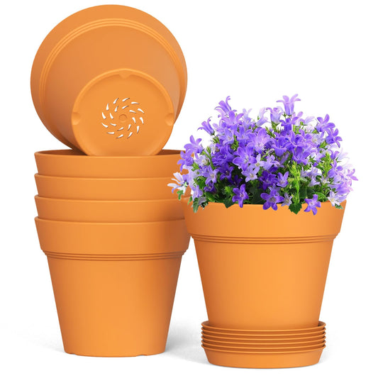 WSMKSZ 5 Inch Plastic Plant Pots with Drainage Holes and Trays – 6 Pack Small Nursery Pots for Indoor & Outdoor House Plants and Flowers, Seedling Starter Planters, Terracotta