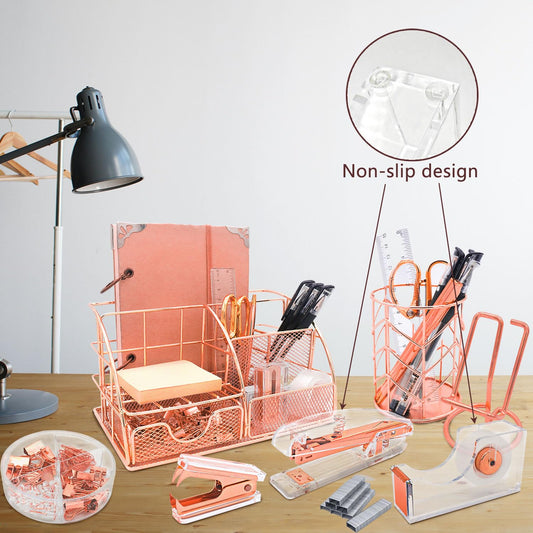 YOLOZAI Office Desk Organizers, Rose Gold 13PCS Office Supplies and Accessories Desk organizer, Acrylic Stapler, Staple Remover, Clips, Scissor, Phone Holder, Pen, Pen Holder (Rose Gold)