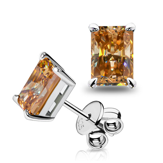 GIGAJEWE Blue Green Color Moissanite Stud Earrings Radiant Cut Moissanite Earrings 2.0ct/pair,18K Gold Plated 925 Steling Silver, Stud Earrings For Women (Brown)