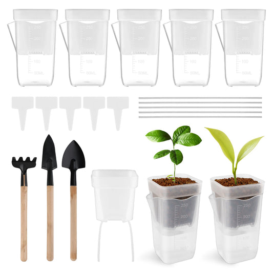 Anglekai 5P 2.5" Mini Self Watering Pots, Small Self Watering Plastic Planter for Indoor Plants for Bare Root Plants, with Inner Pot/ 3 Shovels/ 10 Labels (5)