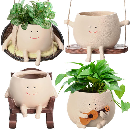 RimCereal 4 Pack Smile Face Planter Pot Small Hanging Swinging Planter Cute Holder for Indoor Outdoor Plants Funny Swing Gifts for Mother's Day Birthday Christmas
