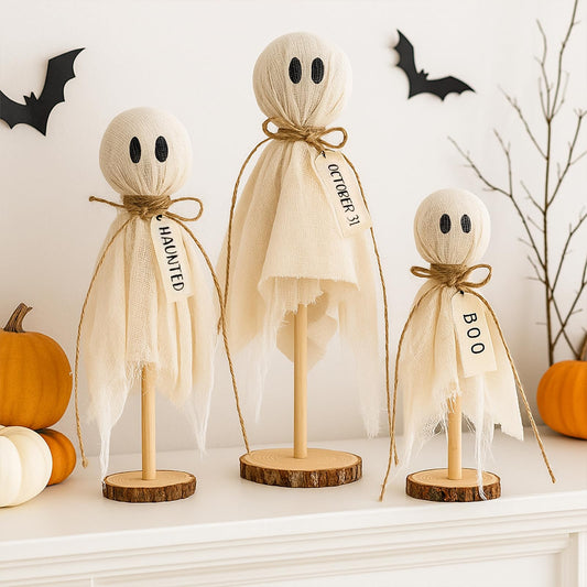 Halloween Ghost Decorations Set of 3, Rustic Wooden Base Boo Ghost Tabletop Ornaments, Farmhouse Halloween Indoor Centerpieces for Mantel, Shelf, Coffee Table and Entryway Decor